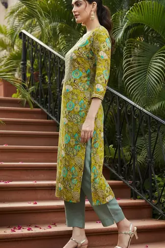 women olive viscose rayon quirky embroidered straight kurta