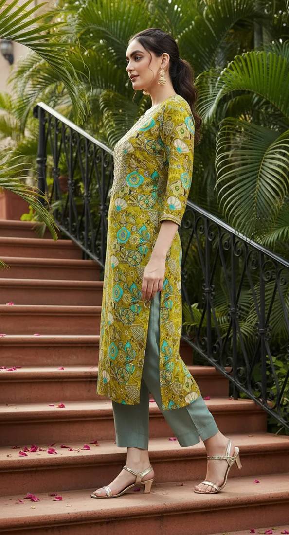 women olive viscose rayon quirky embroidered straight kurta