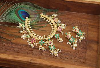 Designer gold plated real kempu guttha pusalu necklace set 1