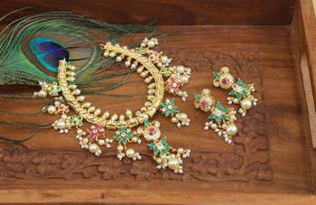 Designer gold plated real kempu guttha pusalu necklace set 2