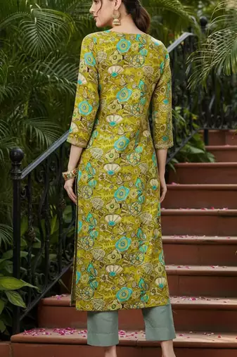 women olive viscose rayon quirky embroidered straight kurta