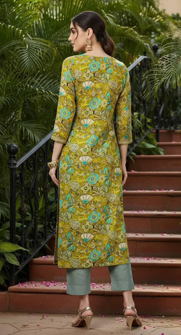 women olive viscose rayon quirky embroidered straight kurta