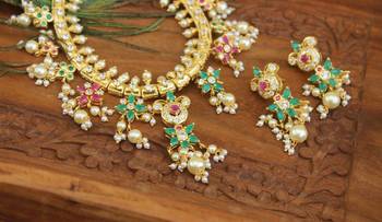 Designer gold plated real kempu guttha pusalu necklace set 3