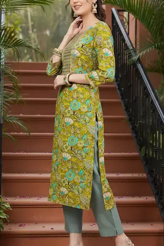 women olive viscose rayon quirky embroidered straight kurta