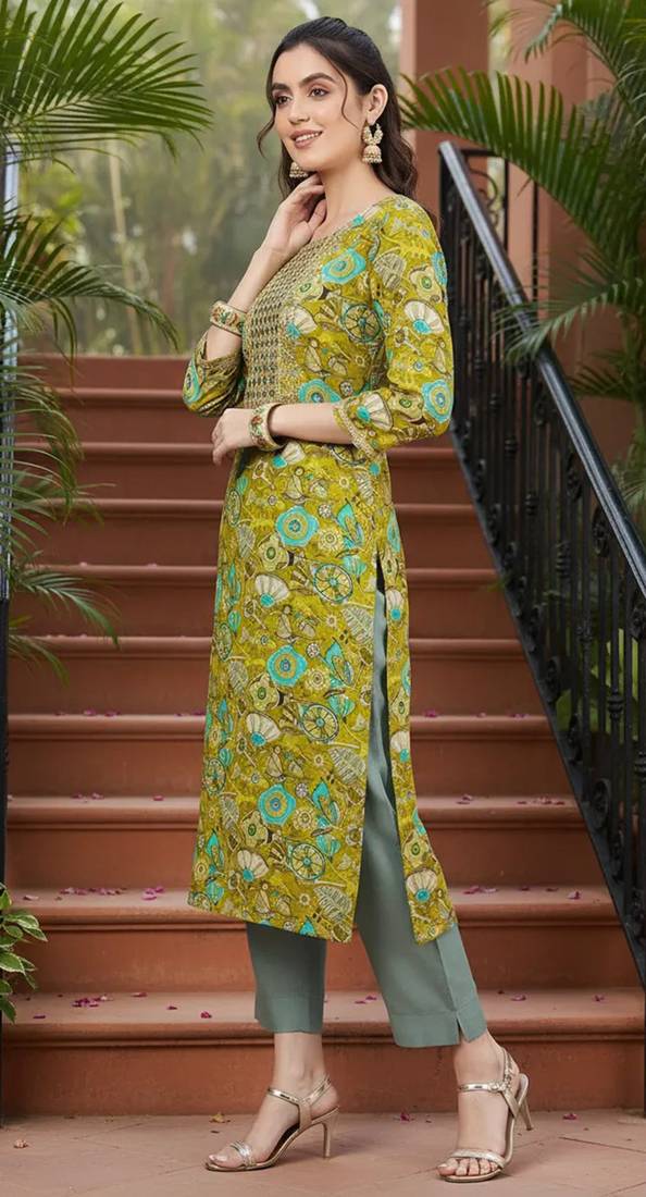 women olive viscose rayon quirky embroidered straight kurta