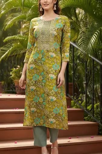 women olive viscose rayon quirky embroidered straight kurta