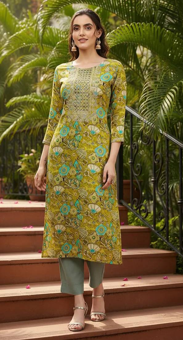 women olive viscose rayon quirky embroidered straight kurta