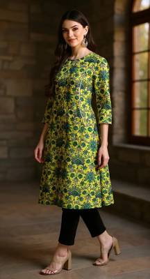 women green cotton floral printed a-line kurta 3