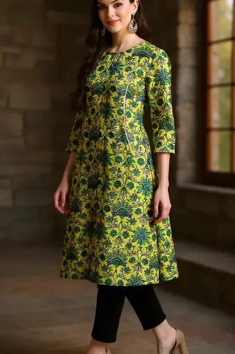 women green cotton floral printed a-line kurta