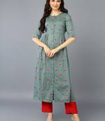 women sea green cotton ethnic motifs printed a-line kurta