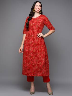 women red cotton bandhani printed a-line kurta 1