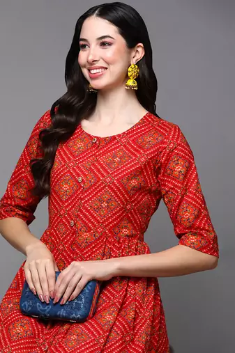 women red cotton bandhani printed a-line kurta