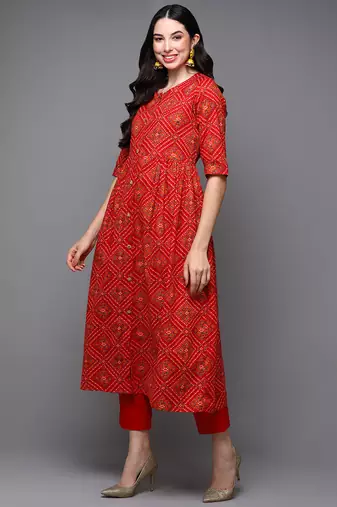 women red cotton bandhani printed a-line kurta