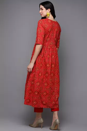 women red cotton bandhani printed a-line kurta