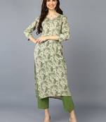 women green viscose rayon floral printed straight kurta