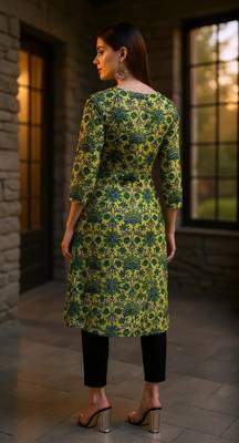 women green cotton floral printed a-line kurta 4