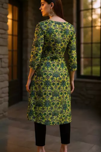 women green cotton floral printed a-line kurta