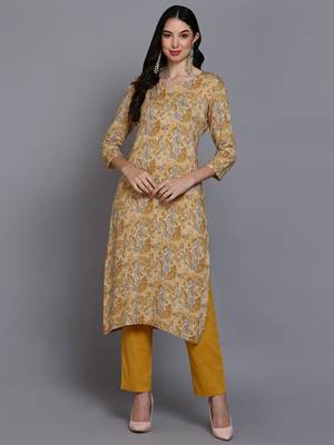 women yellow viscose rayon floral printed straight kurta 1
