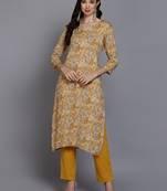 women yellow viscose rayon floral printed straight kurta