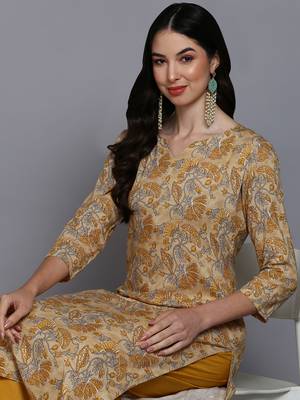 women yellow viscose rayon floral printed straight kurta 2