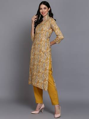 women yellow viscose rayon floral printed straight kurta 3