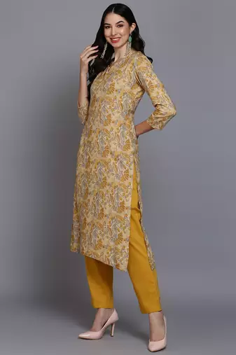 women yellow viscose rayon floral printed straight kurta