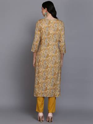 women yellow viscose rayon floral printed straight kurta 4