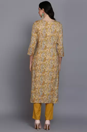 women yellow viscose rayon floral printed straight kurta