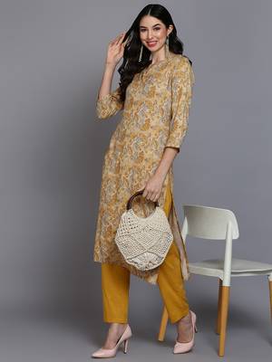women yellow viscose rayon floral printed straight kurta 5
