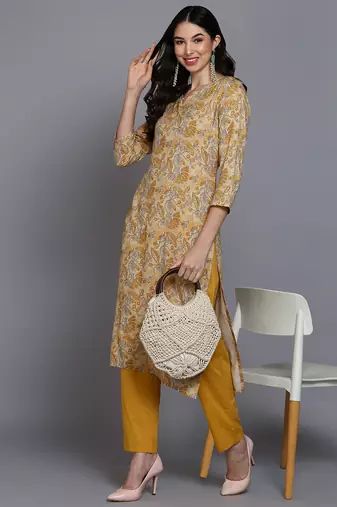 women yellow viscose rayon floral printed straight kurta