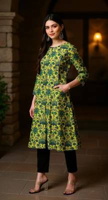 women green cotton floral printed a-line kurta 5