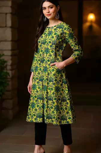 women green cotton floral printed a-line kurta
