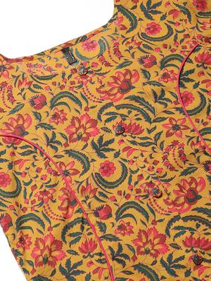 women mustard cotton floral printed a-line kurta 2