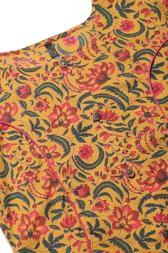 women mustard cotton floral printed a-line kurta