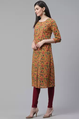 women mustard cotton floral printed a-line kurta