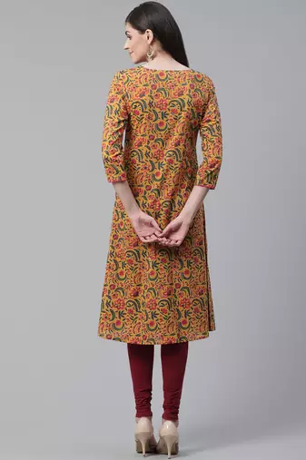 women mustard cotton floral printed a-line kurta