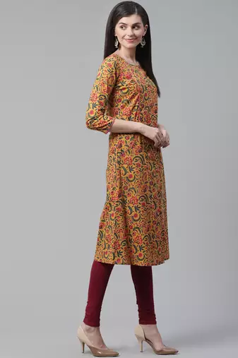 women mustard cotton floral printed a-line kurta
