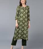 women green viscose rayon ethnic motifs printed straight kurta