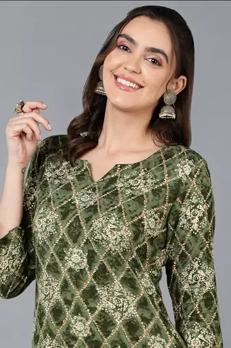 women green viscose rayon ethnic motifs printed straight kurta