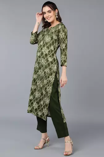 women green viscose rayon ethnic motifs printed straight kurta