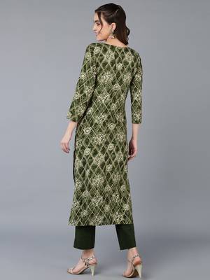 women green viscose rayon ethnic motifs printed straight kurta 4