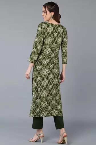 women green viscose rayon ethnic motifs printed straight kurta