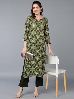women green viscose rayon ethnic motifs printed straight kurta 5