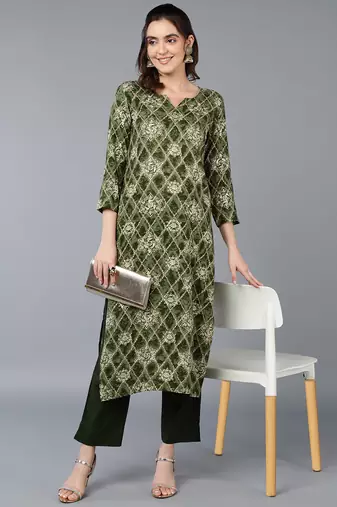 women green viscose rayon ethnic motifs printed straight kurta