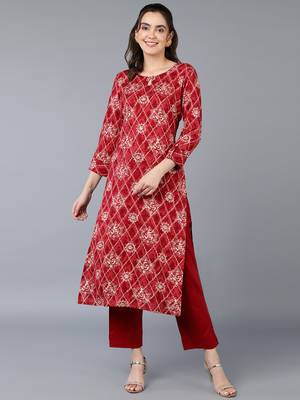 women maroon viscose rayon ethnic motifs printed straight kurta 1