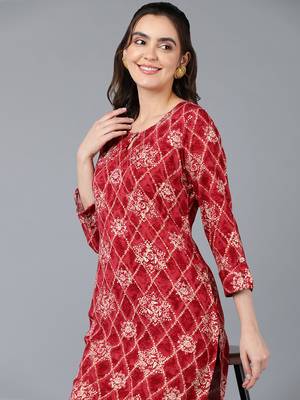 women maroon viscose rayon ethnic motifs printed straight kurta 2