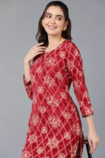 women maroon viscose rayon ethnic motifs printed straight kurta