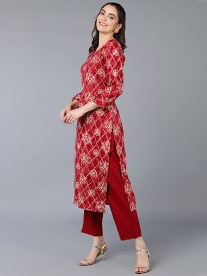 women maroon viscose rayon ethnic motifs printed straight kurta 3