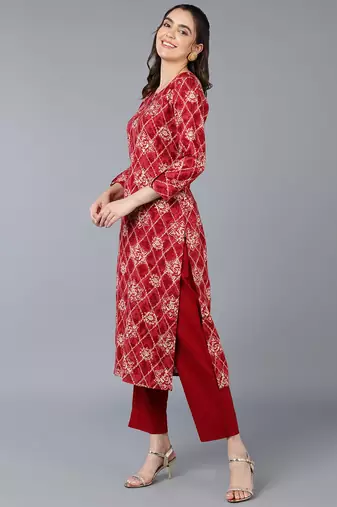women maroon viscose rayon ethnic motifs printed straight kurta