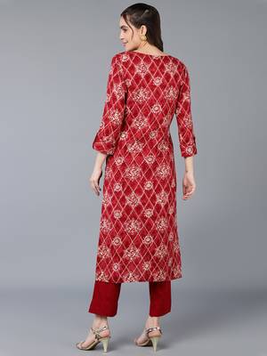 women maroon viscose rayon ethnic motifs printed straight kurta 4